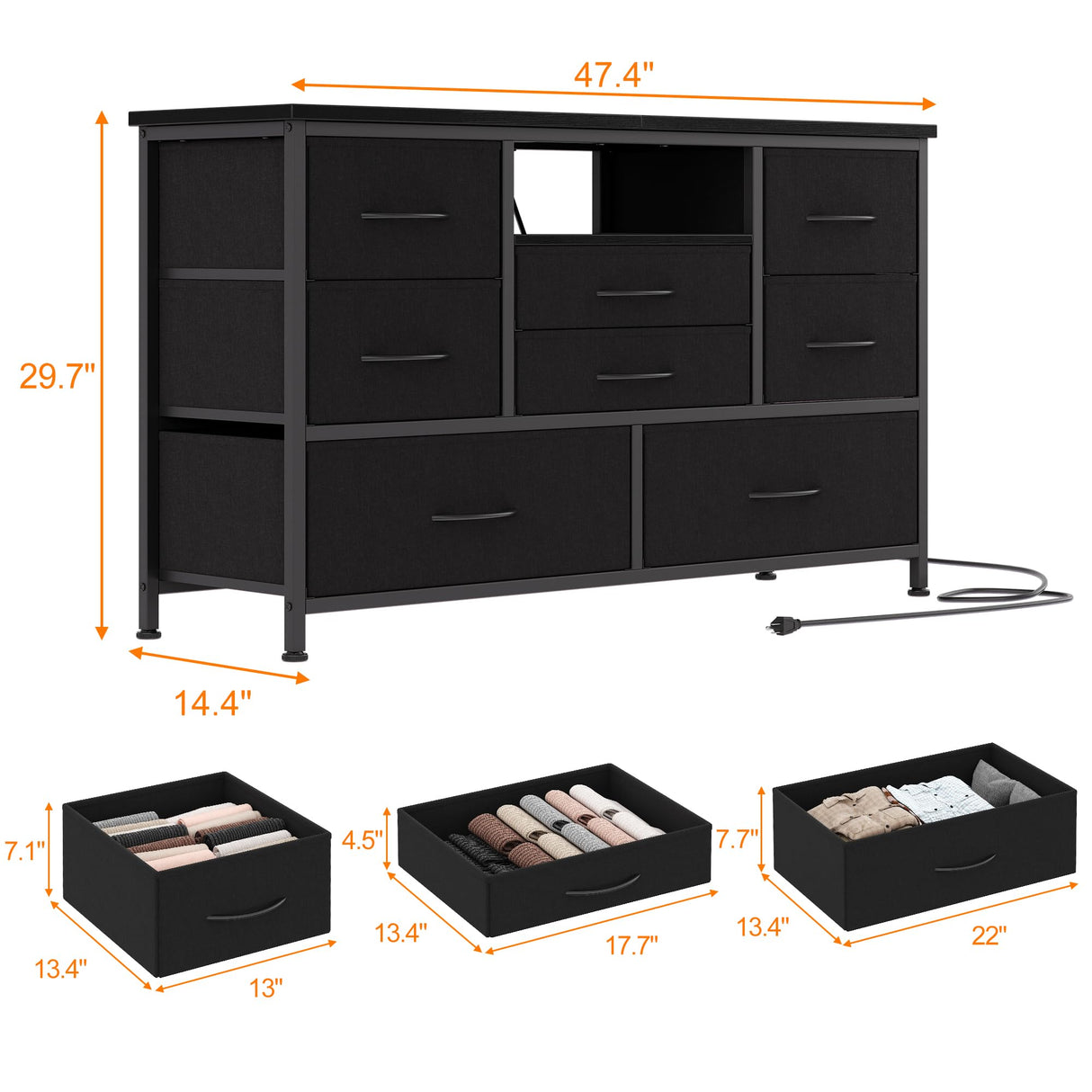 Dresser TV Stand with Power Outlet & LED Lights for 55'' TV，8 Drawers Entertainment Center, Fabric Chest of Drawers with Wood Top, TV Stands for Bedroom, Living Room, Black SunnyFurn