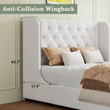HOMBCK Full Size Bed Frame, Upholstered Bed Frame Full with Soft Curved Wings Velvet Tufted Headboard, Sturdy Wooden Slats Support, No Box Spring Required, Noise Free, Easy Assembly, White HOMBCK