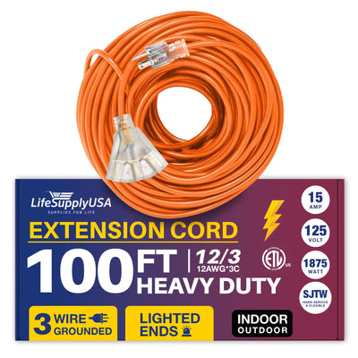 100ft Power Outdoor Extension Cord & Indoor - Waterproof Electric Drop Cord Cable - 3 Prong, 3-Outlet, SJTW, 12 Gauge, 15 AMP, 125 Volts, 1875 Watts, 12/3 ETL Listed by LifeSupplyUSA - Orange (1 Pack)