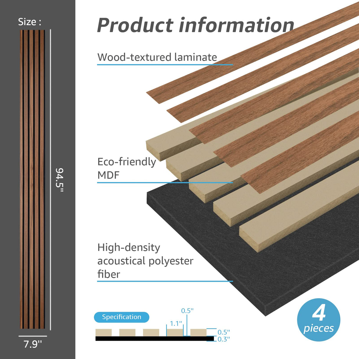 Art3d 4-Piece Wood Slat Acoustic Panels for Stylish Decor and Noise Reduction, 3D Textured Panel for Ceiling and Wall, Walnut Art3d