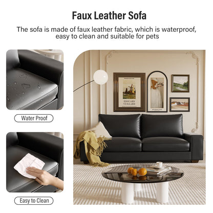 Valthie Faux Leather Couch, Mid Century Modern Comfy Loveseat Sofa with Wide Arm, Side Pockets, Solid Wooden Frame for Office, Living Room and Bedroom, 2 Seater (Black, 71.25 Inches)