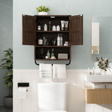 RUSTOWN Farmhouse Wall Storage Cabinet with Two Barn Door, Rustic Mounted Medicine Cabinet with Adjustable Shelf and Towel Bar, 3-Tier Wood Cabinet for Kitchen, Bathroom, Living Room (Dark Walnut) RUSTOWN