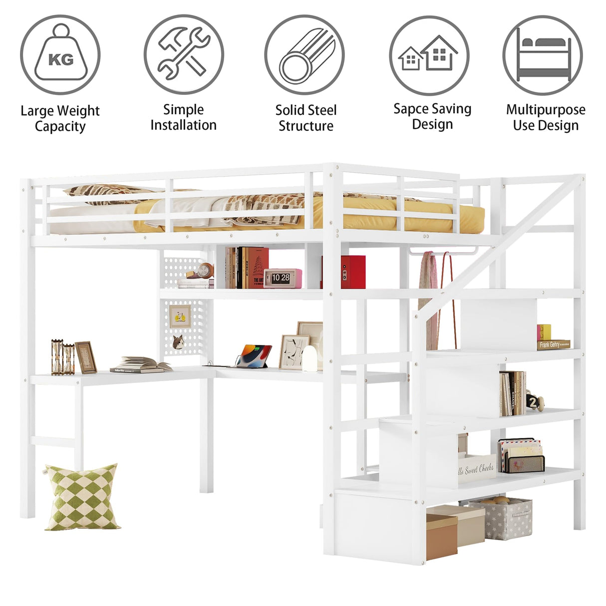 MoproBeti Full Size Loft Bed with Desk and Stairs,Metal Gaming Loft Bed with LED,Charging Station, High Loft Bed Full with Storage Shelves,Wardrobe and Drawers for Kids Teens, Adults, White MoproBeti