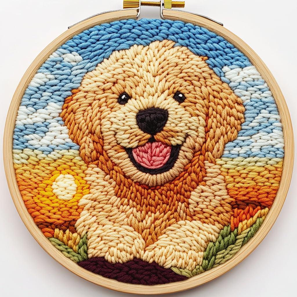DIY Punch Needle Kits for Beginners Cute Puppy Golden Retriever Dog with Hoop Punch Needle Starter Craft Embroidery Set Easy for Adults and Children Festival Gift and Decoration 20x20cm-2 Generic