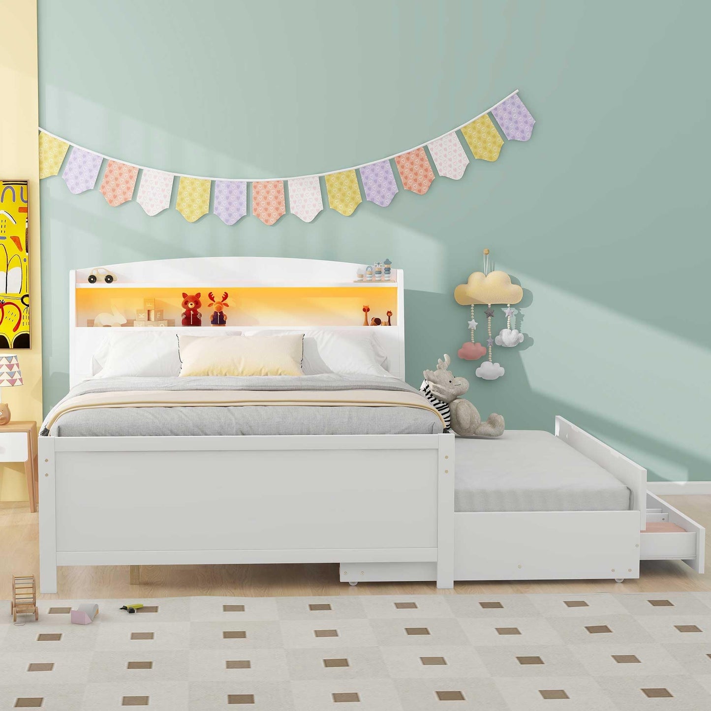 Harper & Bright Designs White Full Size Bed with Trundle, LED Bookcase Headboard and Storage Drawers - WoodArtSupply