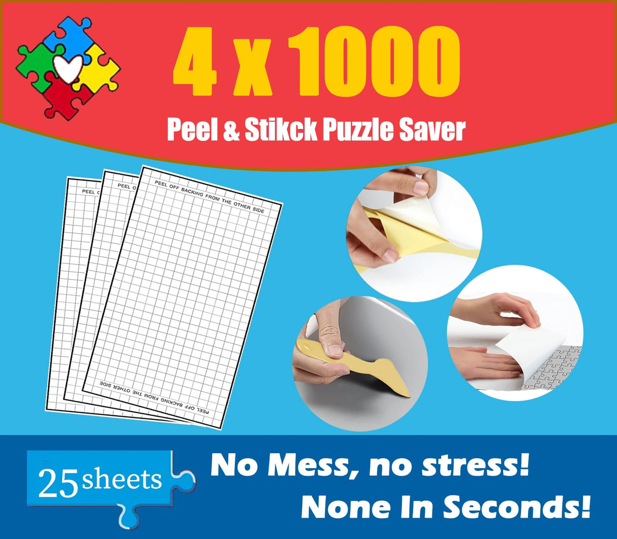 25 Puzzle Saver Sheets - 4 1000 Piece Jigsaw Puzzles, Peel & Stick Frame, Glue & Sticker Sheets dgudgu