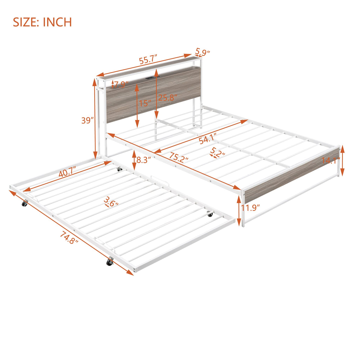 Harper & Bright Designs Full Platform Bed with Twin Size Trundle, USB Ports and Steel Slat Support, Metal Full Size Bed Frame with Storage Headboard for Bedroom/No Box Spring Needed (White) Harper & Bright Designs
