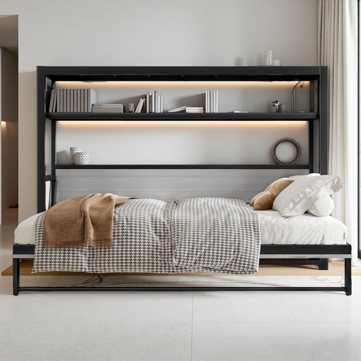 LUMISOL Twin Size Horizontal Murphy Bed with Shelves, Metal Wall Bed with Foldable and Space-Saving Design, Hidden Murphy Bed Frame, Gray LUMISOL