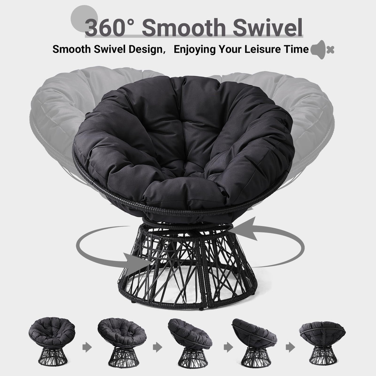Outvita 40" Swivel Wicker Papasan Chair with Thick Tufted Cushions, High Capacity Frame, 360 Degree Rotatable Chairs for Indoor Outdoor Use, Black Outvita