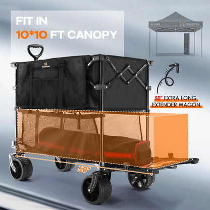 Navatiee Double Decker Foldable Beach Wagon, Collapsible Heavy Duty All-Terrain Beach Cart with Big Wheels for Sand, 50" L Utility Extra Long Extender Wagon for Beach, Sports, Camping, Outdoors