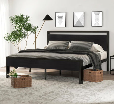 SHA CERLIN 14 Inch King Size Metal Platform Bed Frame with Wooden Headboard and Footboard, Mattress Foundation, No Box Spring Needed, Large Under Bed Storage, Black Oak SHA CERLIN