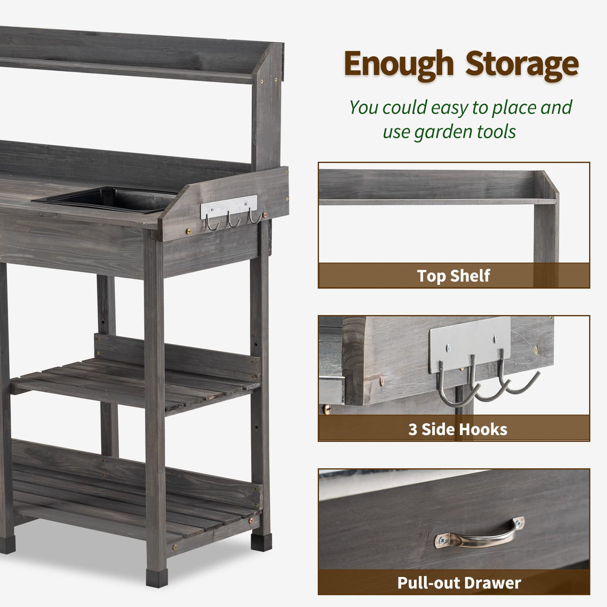 MCombo Potting Bench, Outdoor Garden Potting Table with Dry Sink, Drawer, Storage Shelves, Natural Wooden Work Station for Patio, Backyard and Porch 0458 (Grey) MCombo