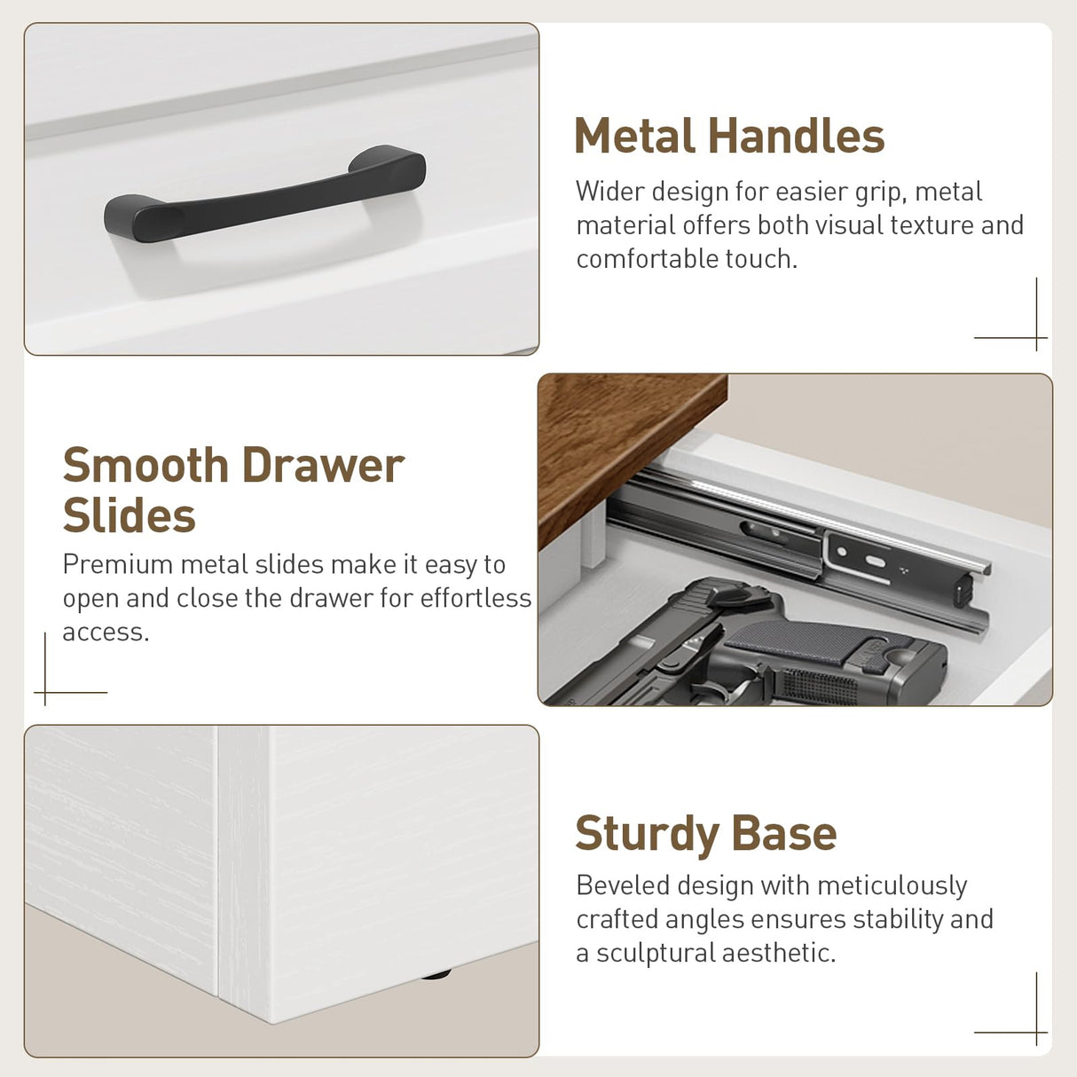 RALGEND Farmhouse Nightstand with Gun Drawer, Bedside Table with Charging Station and LED Light, Night Stand with 3 Drawers, End Table for Bedroom, Living Room, White and Walnut RALGEND