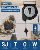 Cecarol Extension Cord Reel 12AWG/3C SJTOW 65FT Retractable Cord with Triple Tap, 15A/ 125V/ 1875W, Slow Retraction Tech, Circuit Breaker, Power Indicator, 180° Swivel (65FT, Black) Cecarol