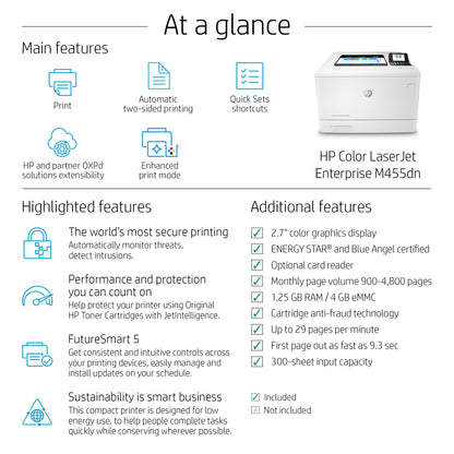 HP Laserjet Enterprise M455dn Desktop Laser Printer - Color 12" x 16.3" x 18.6"