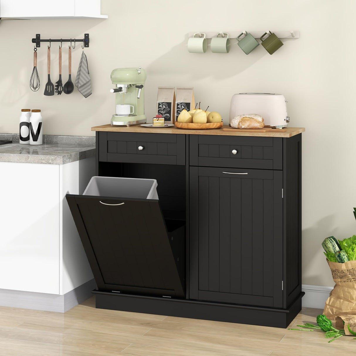 MAT EXPERT Tilt Out Laundry Hamper, 15.5-Gallon Free Standing Wooden Trash Can w/Storage Drawer & Adjustable Shelf, Kitchen Waste Bins Cabinet for Laundry Room,Pet Proof Tilt Out Trash Cabinet, Black MAT EXPERT
