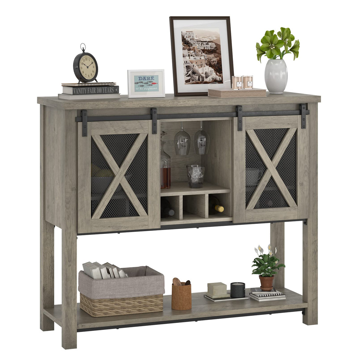 IDEALHOUSE Coffee Bar Cabinet, Console Entryway Table with Storage, Farmhouse Sideboard Buffet Cabinet with Sliding Barn Doors, Wine Liquor Cabinet with Racks for Kitchen, Hallway, Living Room, Gray IDEALHOUSE