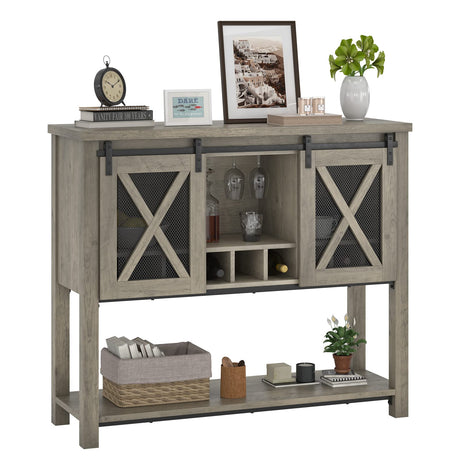 IDEALHOUSE Coffee Bar Cabinet, Console Entryway Table with Storage, Farmhouse Sideboard Buffet Cabinet with Sliding Barn Doors, Wine Liquor Cabinet with Racks for Kitchen, Hallway, Living Room, Gray IDEALHOUSE