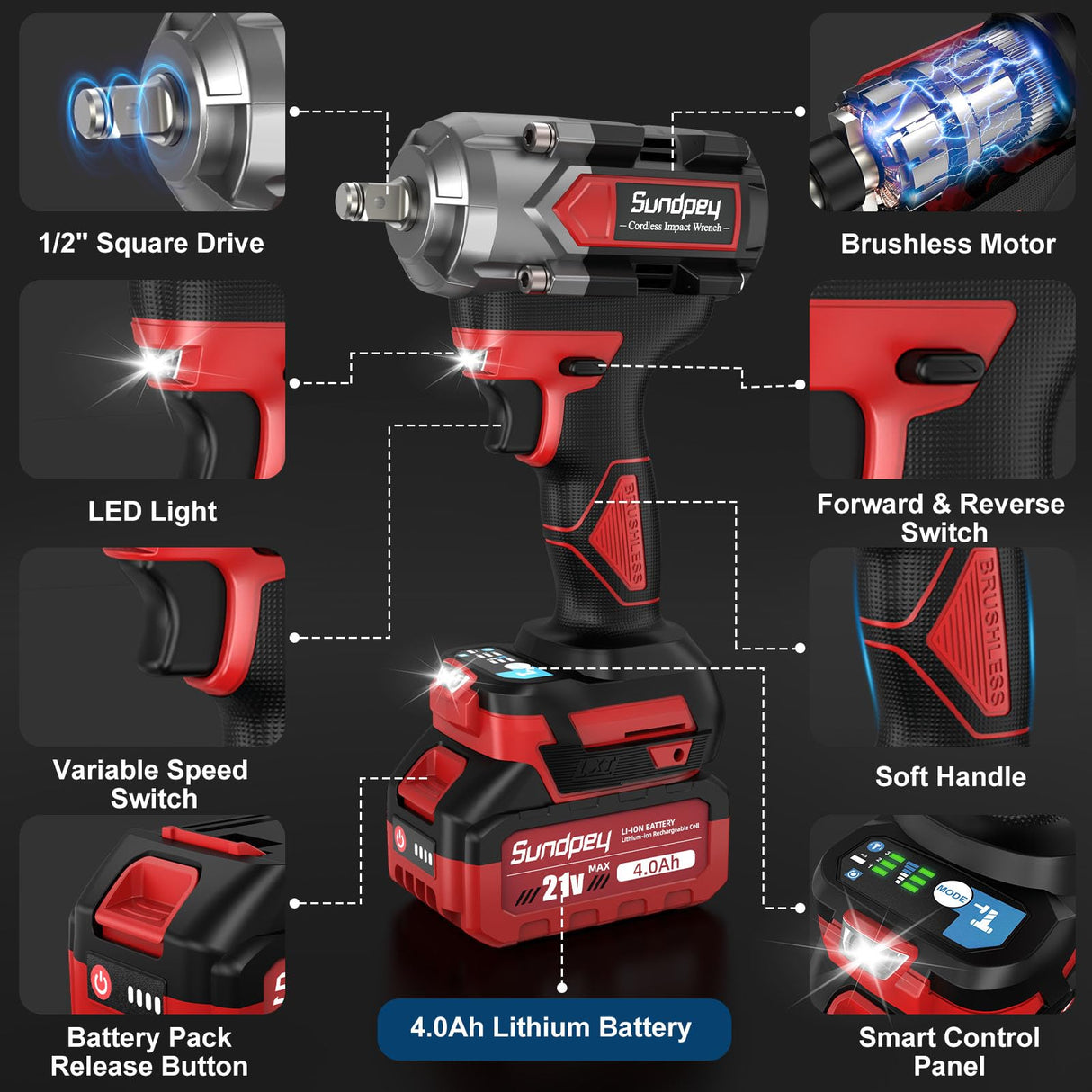 Sundpey Cordless Impact Wrench 600Ft-lbs(800Nm) - 21V 1/2" Brushless Driver With 2 * 4.0Ah Batteries - 2600RPM Gun for Lug Nuts With 6 Sockets, Fast Charger & Tool Case Sundpey