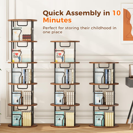 VYRIVA 4 Tier Rotating Bookshelf Tower, 360° Display Round Bookcase, Floor Standing Corner Revolving Bookshelf Organizer Storage Rack for Home Study Office, Small Spaces VYRIVA