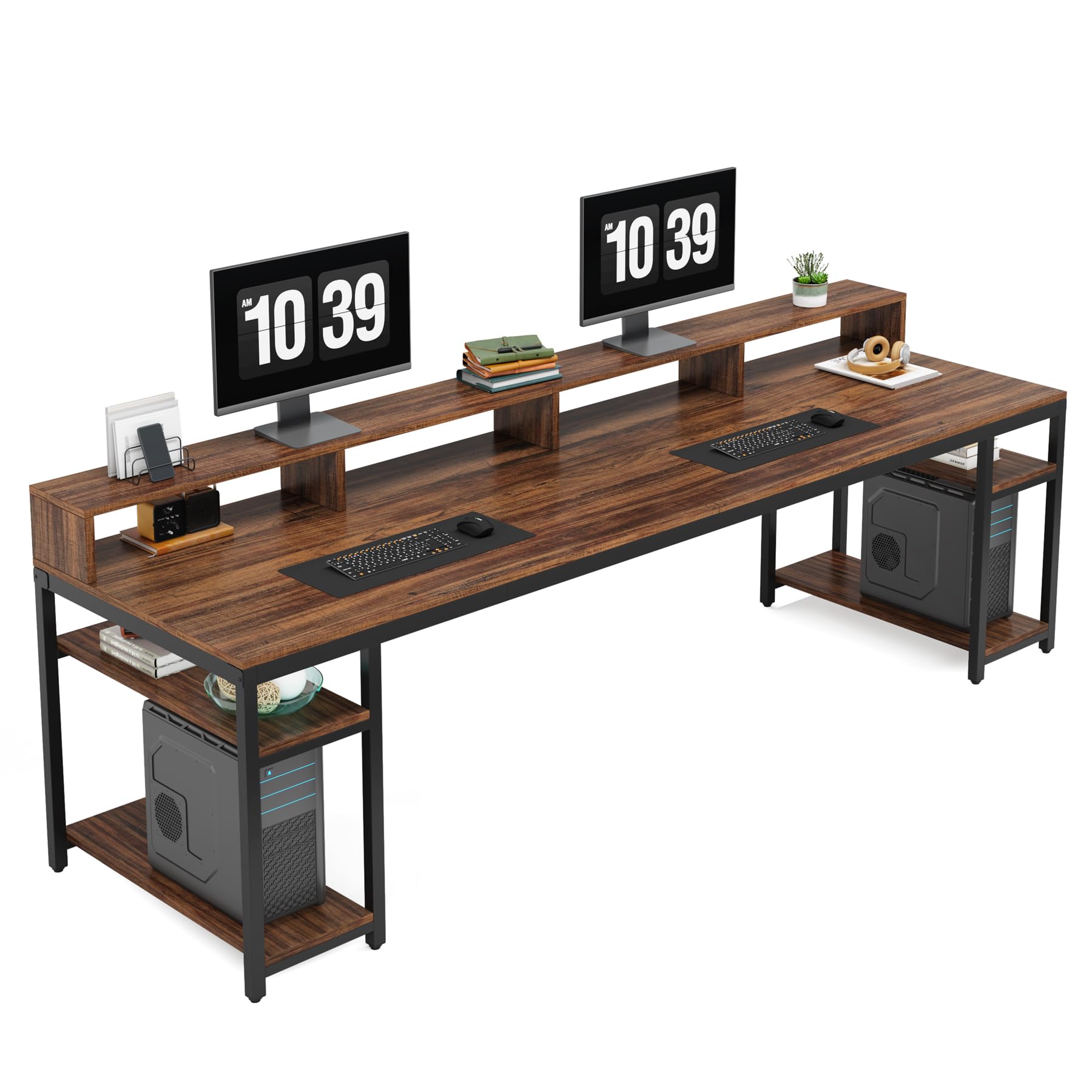 Tribesigns Two Person Desk with Monitor Stand, 78.74" Long Double Computer Office Desk with Storage Shelves, Large Gaming Desk Study Writing Table Workstation for Home Office, Rustic Brown - WoodArtSupply