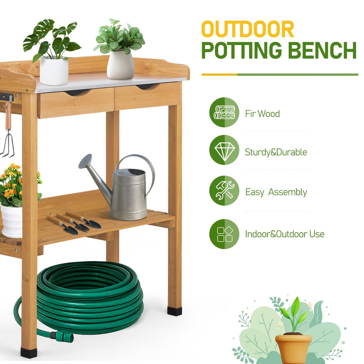 Outvita Outdoor Garden Potting Bench Table Work Bench with 2 Drawer, Storage Shelf, Metal Tabletop, 3 Hooks for Horticulture, Natural Wood Outvita