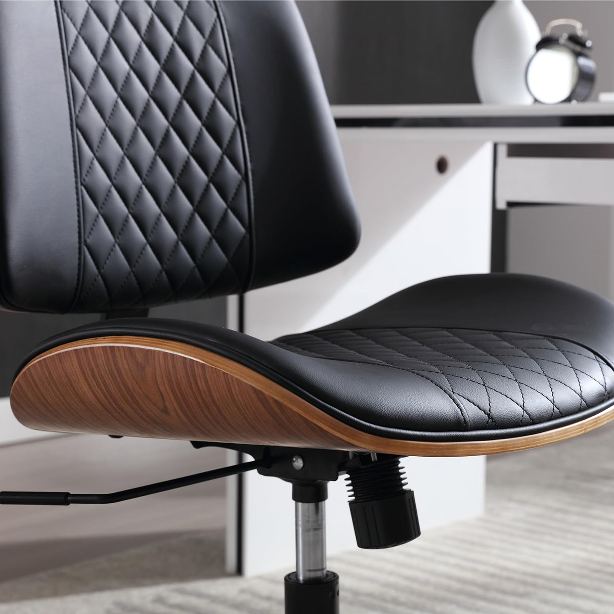 BERYTH Home Office Chair No Arms with Wheels, Adjustable Height Small Desk Chair, PU Leather Mid Back 360 Swivel Computer Chair, Armless Modern Walnut Chair for Office, Reading Meeting Room(Black) BERYTH