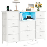 Dresser for Bedroom with 10 Drawers, White Storage Organizer TV Stand for 55" TV with LED Lights and Sockets, Fabric Chest of Drawers with PU Finish for Kid Room, Entryway, Living Room, Hallway LIWEIJIA