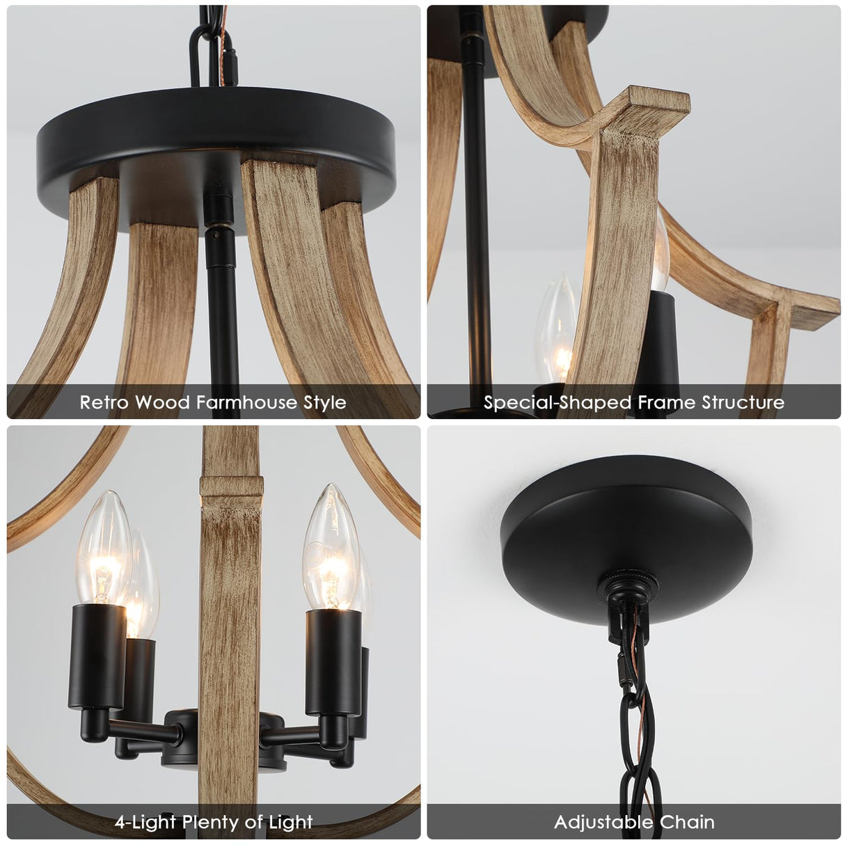 LAMPKEDUO Farmhouse Hanging Pendant Lighting, 4-Light Rustic Flush Mount Ceiling Light Fixture,Modern Faux Wood Vintage Chandelier for Dining Room Kitchen Island Foyer Hallway Entryway Bedroom LAMPKEDUO