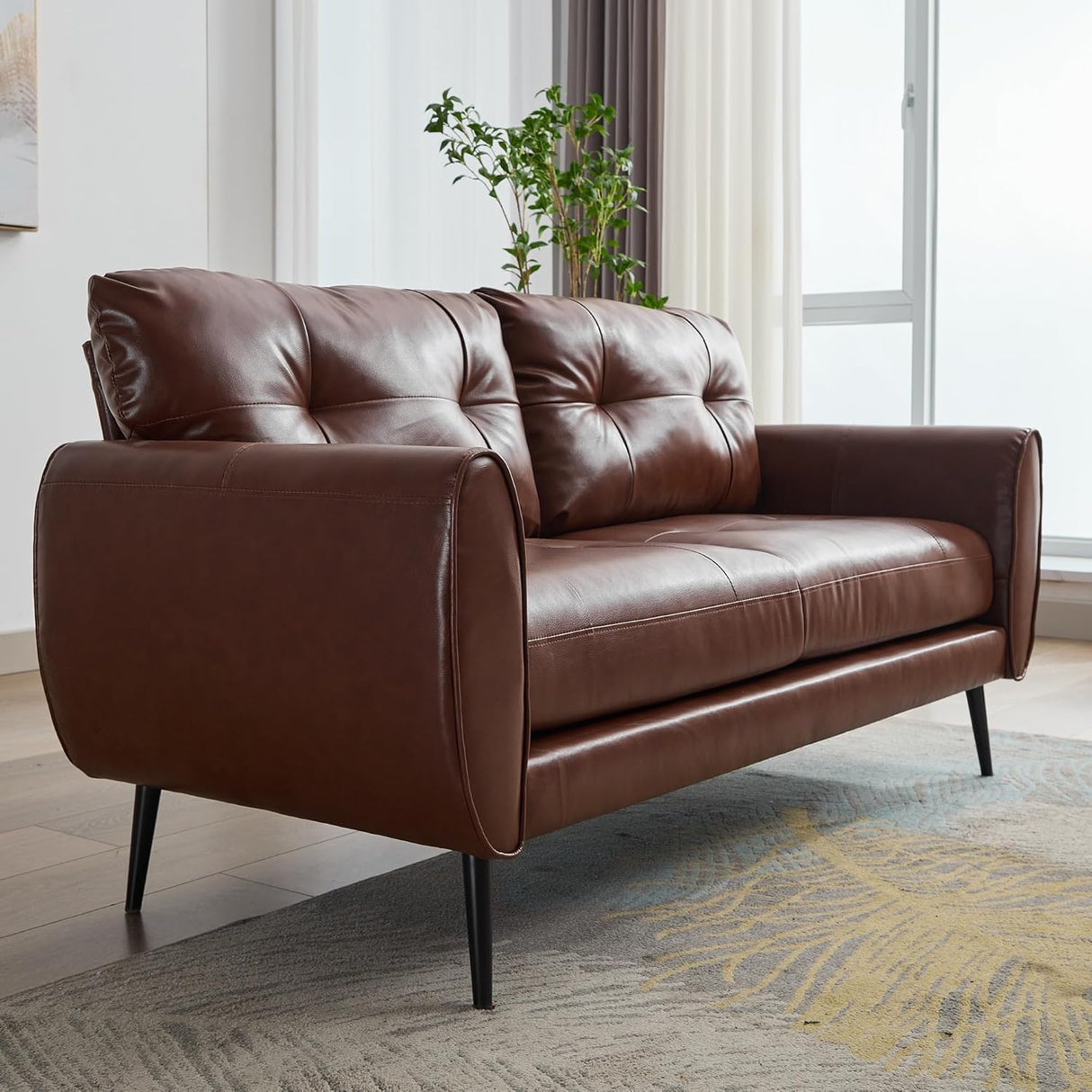 Sofa Couch 61" Small Loveseat Couches for Living Room Chestnut Brown Leather Couch Mid Century Modern Tufted Mini Sofa Comfy Office 2 Seat Settee Love Seat Small Couches for Small Spaces Bedroom TYBOATLE