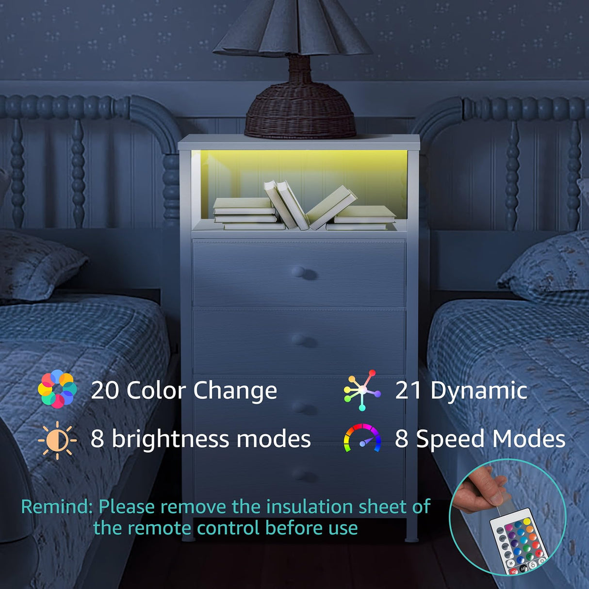 BOLUO Tall Night Stand with Drawers, White Nightstand with Charging Station and LED Light, Small White 4 Drawer Dresser for Bedroom, Room Storage Closet BOLUO