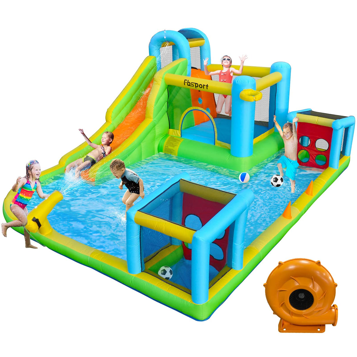 FBSPORT Inflatable Bounce House, 9 in 1 Water Slide with Blower, Bouncy House for Kids Indoor Outdoor Wet Dry Combo Water Bounce House with Football Shooting, Water Gun, Splash Pool, Bounce Area, Hose FBSPORT