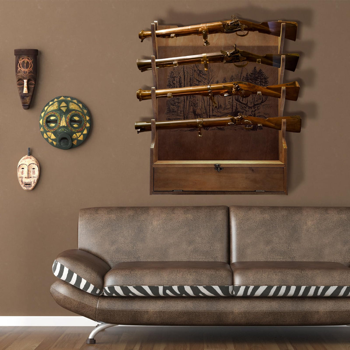 Yuntau Four Gun Wooden Gun Display Rack with Cabinet Storage Compartment for Gun Accessories Gun Rack for Wall Gun Wall Mount Wall Gun Racks for Rifle Home Gun Racks with Soft Pad Deer Pattern Yuntau