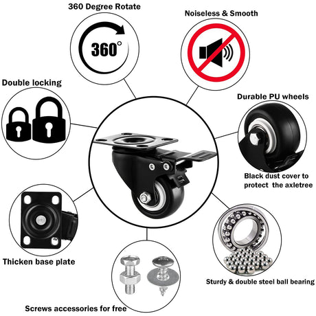 2" Casters Set of 8 Heavy-Duty Industrial Caster Wheels with Brake PU No Noise Wheels with Double Locking and Double Ball Bearing Swivel Locking Casters for Workbench, Furniture, Plate Castors Black GcFoir