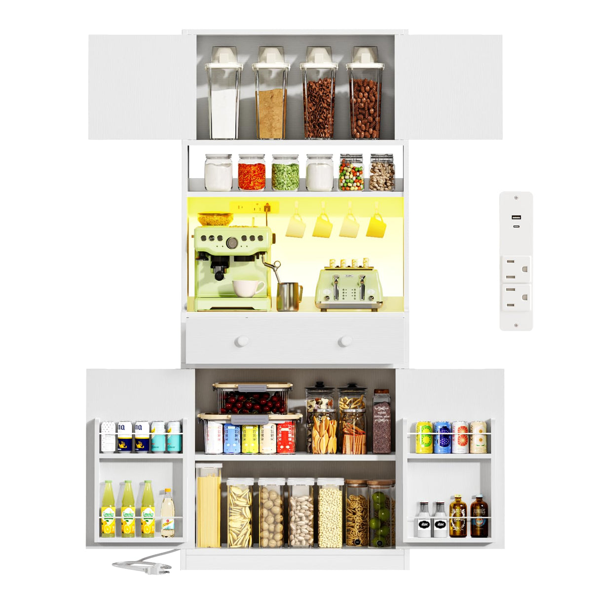 Korfile 71" Tall Food Pantry Cabinet with Power Outlet LED Light, Kitchen Storage Cabinet with 4 Doors, Hutch with Microwave Stand, Cupboard with Drawers for Kitchen, Dining Room, White Korfile