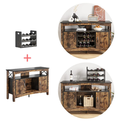 Bestier Wine Bar Cabinet with Wine Rack, Farmhouse Coffee Bar Sideboard with LED Lights, Industrial Sideboard Buffet Cabinet with Storage, Rustic Brown