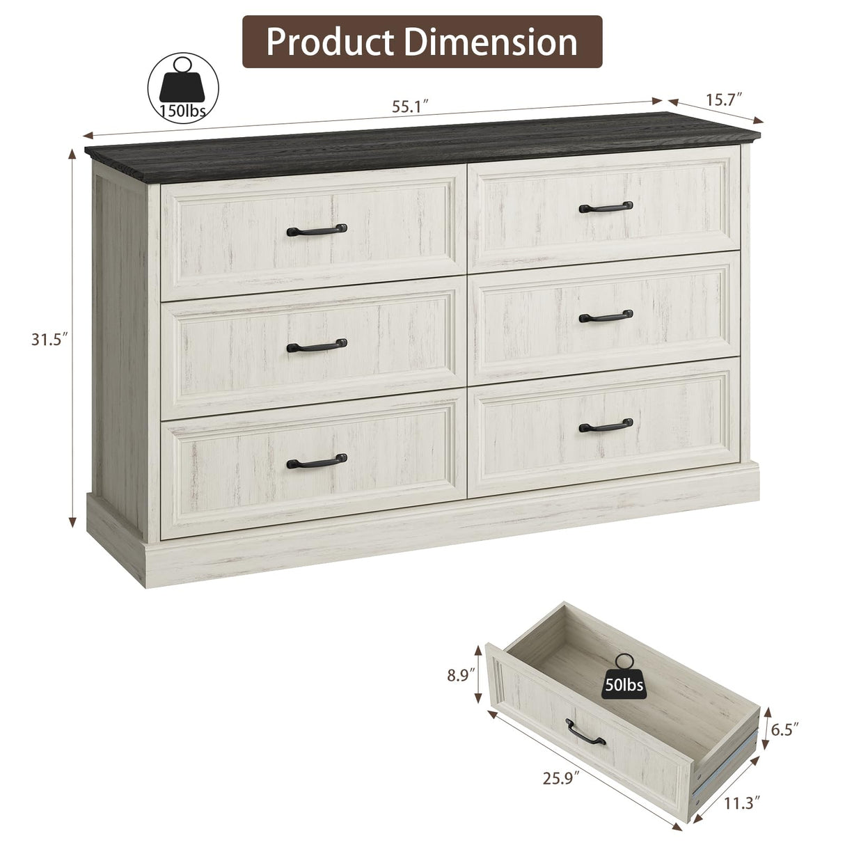 Farmhouse 6 Drawer Dresser for Bedroom, 55 Inch Wide Modern White Dresser TV Stand with Large Drawers & Bar Handles, Rustic Wood Chest of Drawers for Bedroom, Living Room, Hallway, Entryway. CARPETNAL