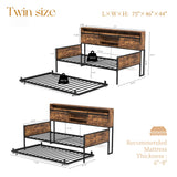 Daybed with Trundle and LED Light, Farmhouse Twin Daybed Frame with Storage Headboard & Charging Station, Heavy Duty Metal Day Bed with Sliding Barn Door for Living Room,Bedroom (Rustic Brown, Twin) HMYFGD