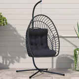 Kingdura Hanging Egg Chair with Stand Indoor Outdoor, Foldable Rattan Wicker Hammock Egg Swing Chair for Bedroom Porch Patio Garden, Thickened Cushion, 350LBS Capacity, Heavy Duty Frame Kingdura