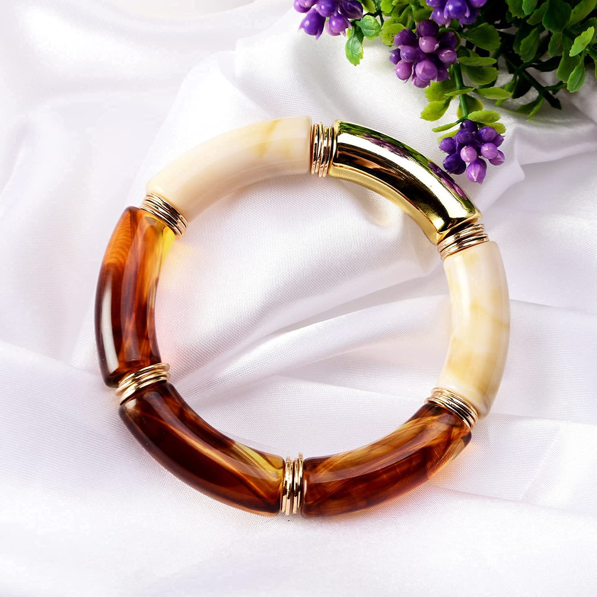 GOOJIDS Bamboo Tube Bangles Bracelet Chunky Curved Stacking Clear Acrylic Colorful Beads Stretchable Friendship Gold Bracelets Gift For Women (A-Coffee) GOOJIDS