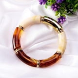 GOOJIDS Bamboo Tube Bangles Bracelet Chunky Curved Stacking Clear Acrylic Colorful Beads Stretchable Friendship Gold Bracelets Gift For Women (A-Coffee) GOOJIDS