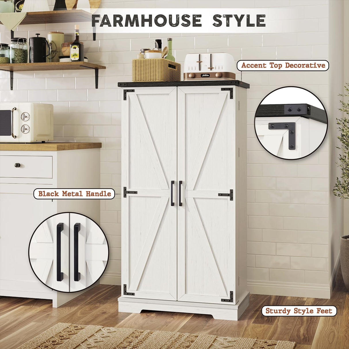 50" Kitchen Pantry Farmhouse Storage Cabinets - Led Food Cabinets Cupboards with 2 Barn Doors and Shelves Adjustable for Small Space in Dinning or Living Room, in Distressed White Furnaza