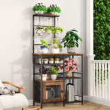 SWTYMIKI Bakers Rack with Storage - Coffee Bar Cabinet Organizer with 8 Hooks, Shelves & Cabinet Door, Coffee Station for Kitchen Dining Room, Microwave Stand with Adjustable Feet, Espresso SWTYMIKI