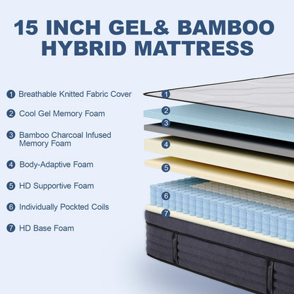 Suiforlun California King Mattress, 15 Inch Hybrid Charcoal Gel Memory Foam Mattress with Firm Edge Pocket Coils, Cooling Deep Sleep, Back Pain Relief, Fiberglassfree