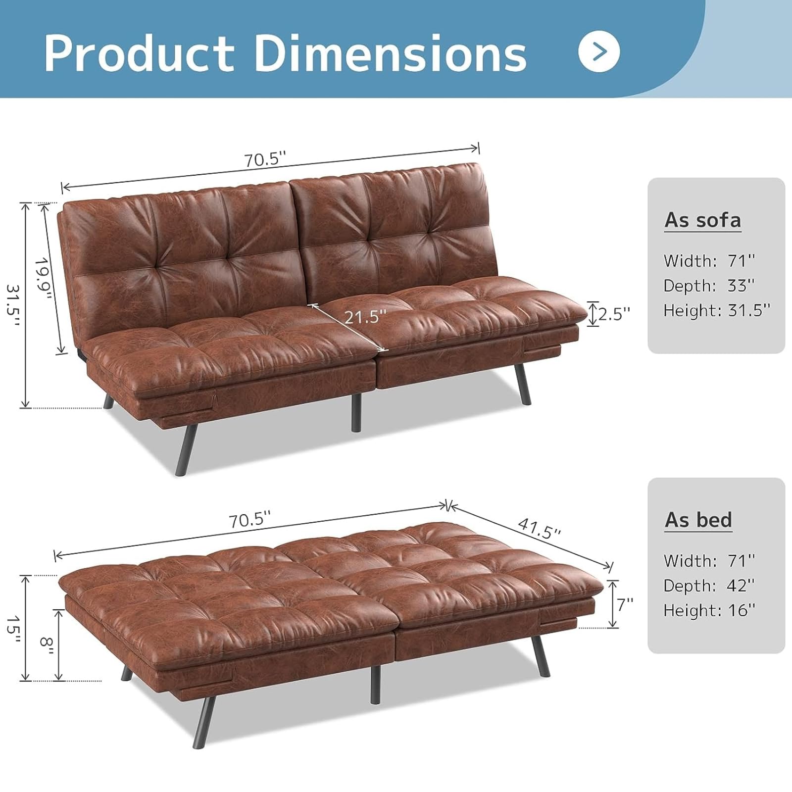 wOod-it Futon Sofa Bed, Memory Foam Foldable Couch Convertible Loveseat Sleeper Daybed with Adjustable Armrests for Small Space, Studio, Office, Apartment, Compact Living Room, Brown - WoodArtSupply