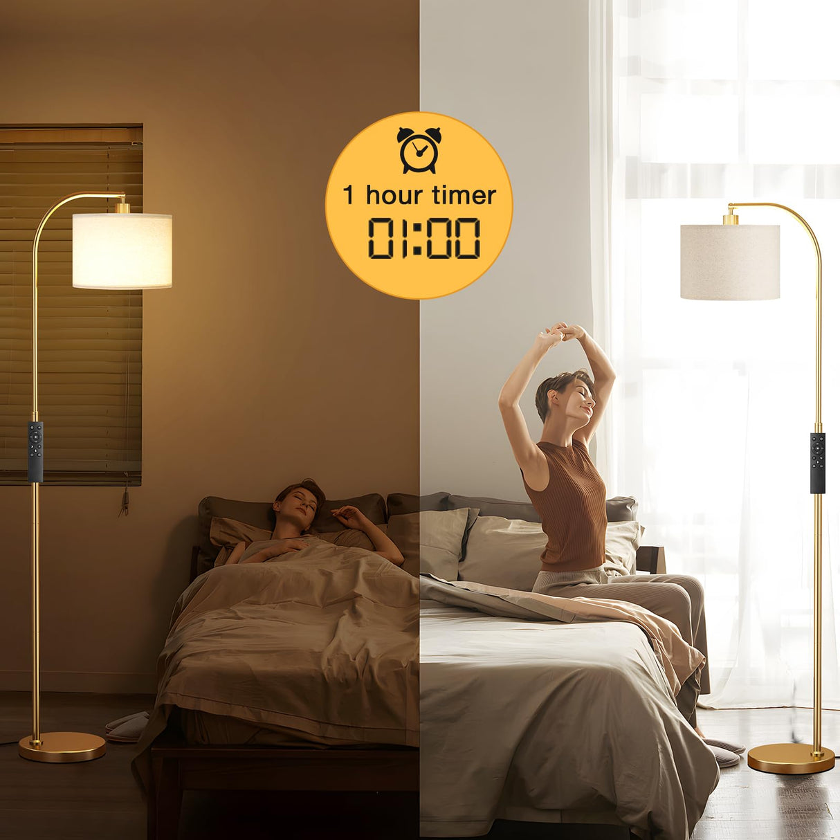Ambimall Gold Arc Floor Lamp with Remote - Dimmable Bulb, Colors Temperature Adjustable, Easy Assembly, Modern Standing Lamp for Living Room Bedroom Office Reading Room Nursery (Beige Linen Shade) Ambimall