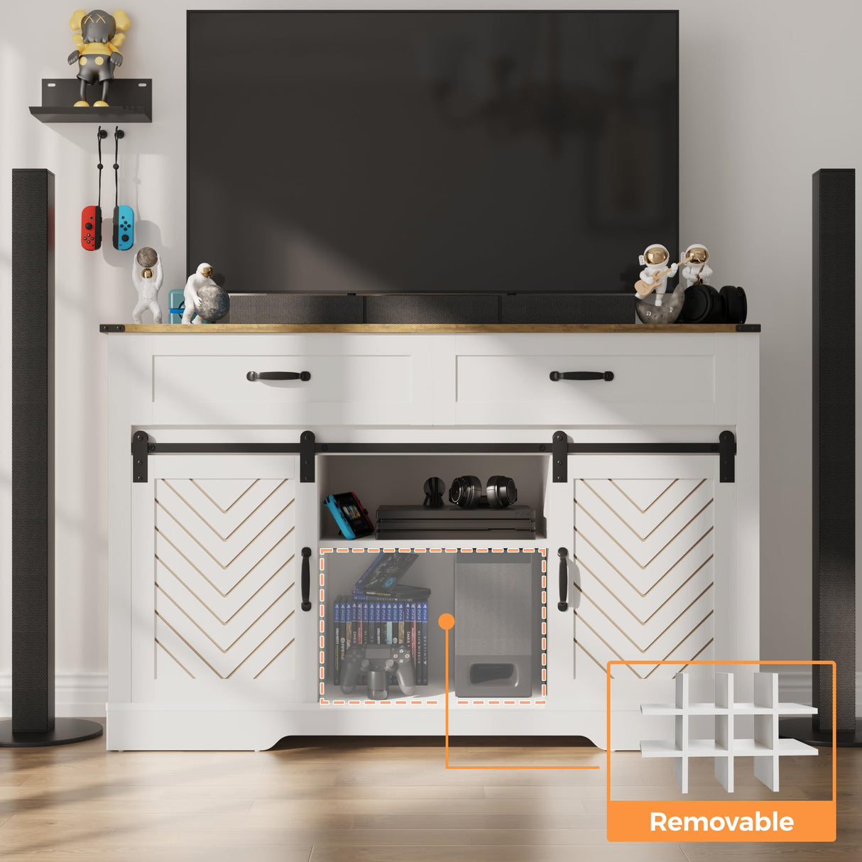 RoyalCraft 52'' Sideboard Buffet Cabinet with Storage, Farmhouse Coffee Wine Bar Cabinet with Drawers, Sliding Barn Door, Wine & Glass Rack, Console Table for Living Room, Kitchen, Wood-Tone White RoyalCraft