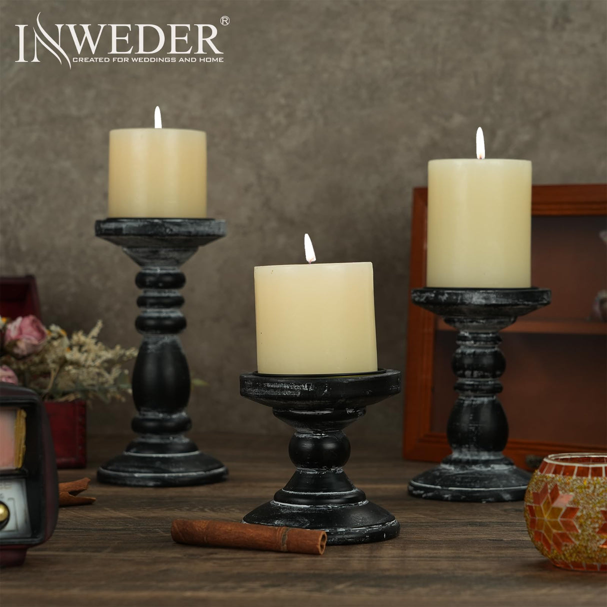 Inweder Wood Pillar Candle Holder: 3Pcs Rustic Black Candle Holders for Pillar Candles Wood Candle Holders Distressed Wooden Farmhouse Candle Holder Large Rustic Candle Holder for Fireplace Table Inweder