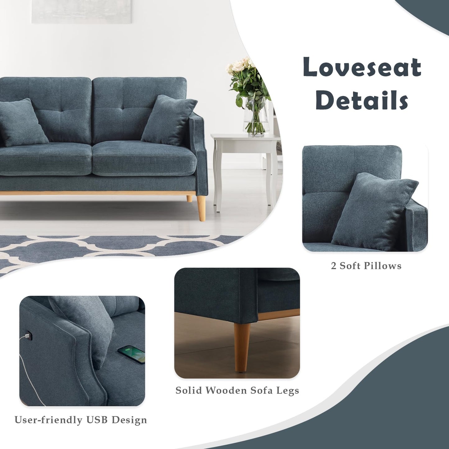 SoarTalent 56.7" Loveseat Sofa Small Couch Fabric Upholstered 2-Seat Sofa with USB Port for Small Place, Apartment, Living Room,Office(Dark Blue)