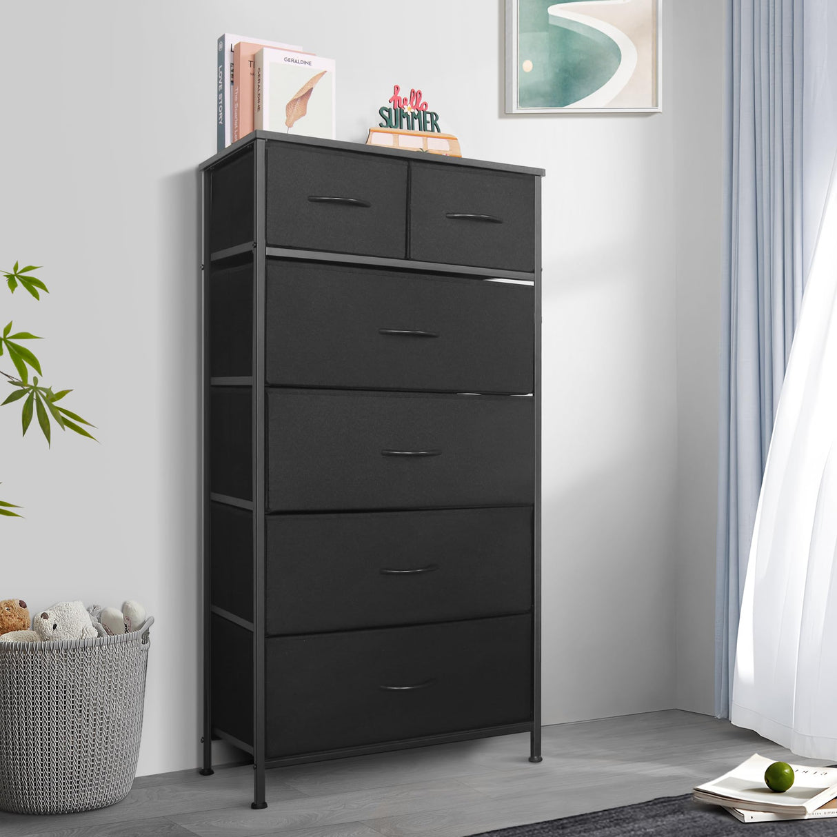 Mifuro Tall Dresser for Bedroom, Vertical Storage Organizer Tower with 6 Drawers, Chest of Drawers with Fabric Bins, Steel Frame, Wood Top for Bedroom, Closet, Entryway- Black Mifuro